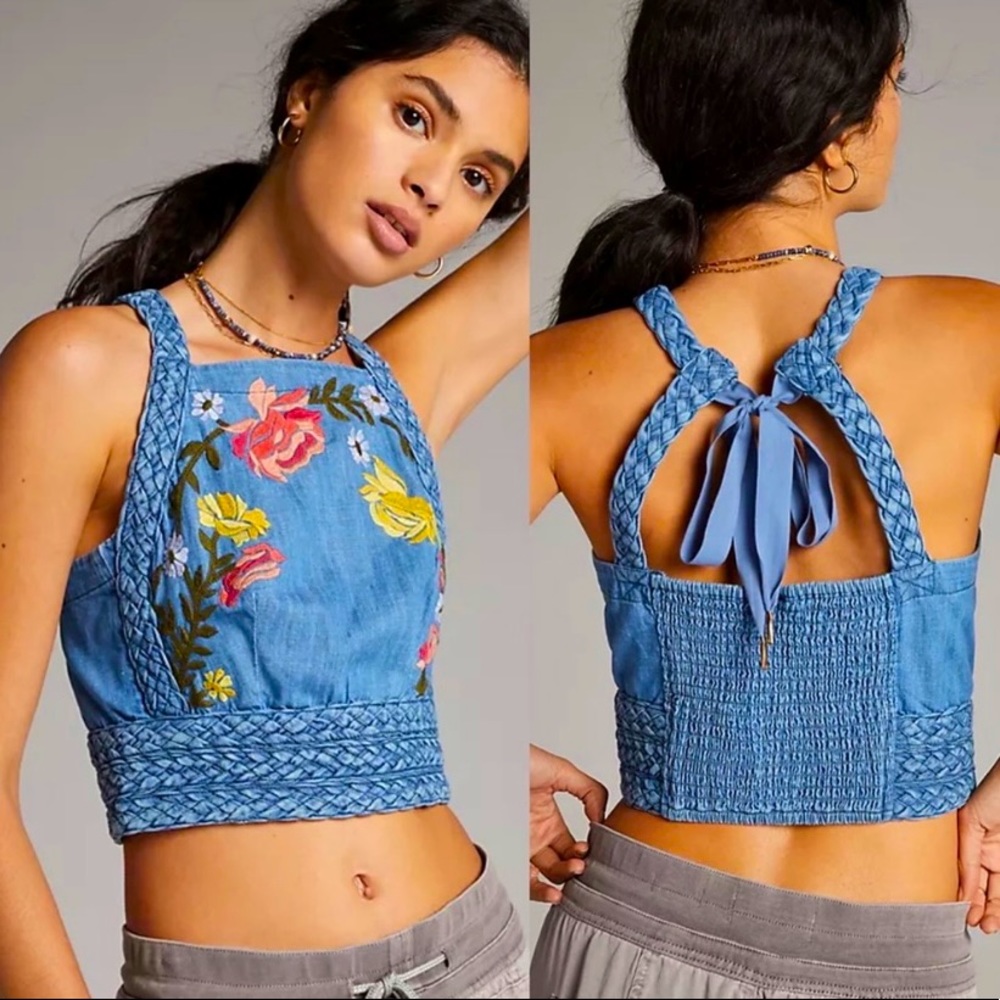 Anthropologie Denim Embroidered Crop